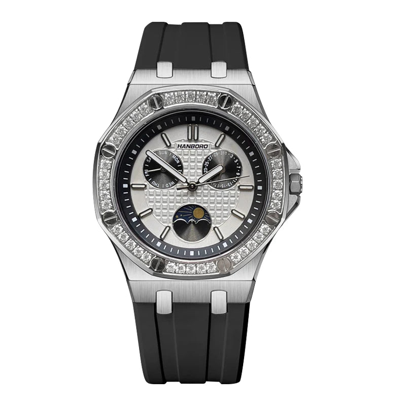 Hanbro Women Luxury Watch 37mm Ladies Vintage Quartz Wristwatch Luminous Waterproof Silicone Strap Week Date Triple Windows