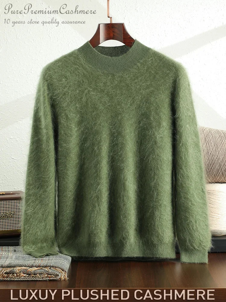 2024 Men 100% Plush Cashmere Sweaters Mock Neck Basic Pullovers Long Fluff Pure Brushing Cashmere Half High Collar Jumper Winter