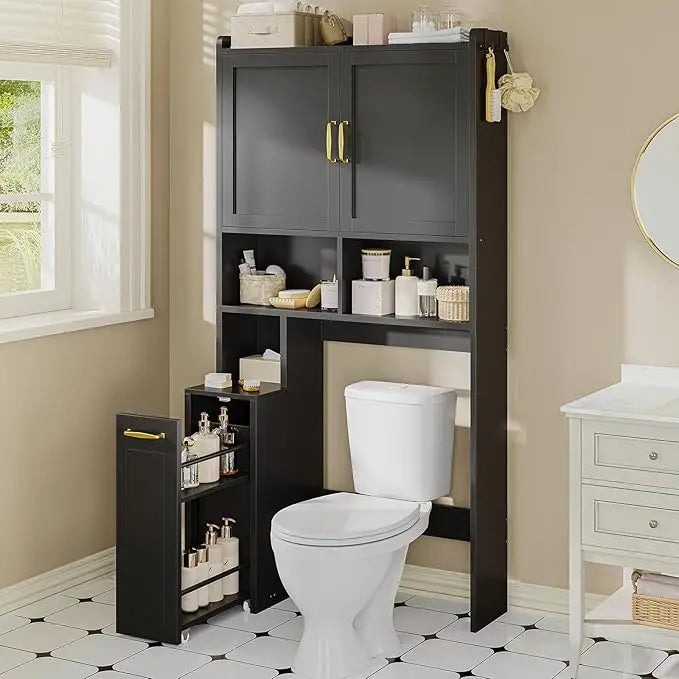Over The Toilet Storage Cabinet with Pulley Small Bathroom Storage Cabinet, Space Saver W/Adjustable Shelf & Open Shelf for Bath