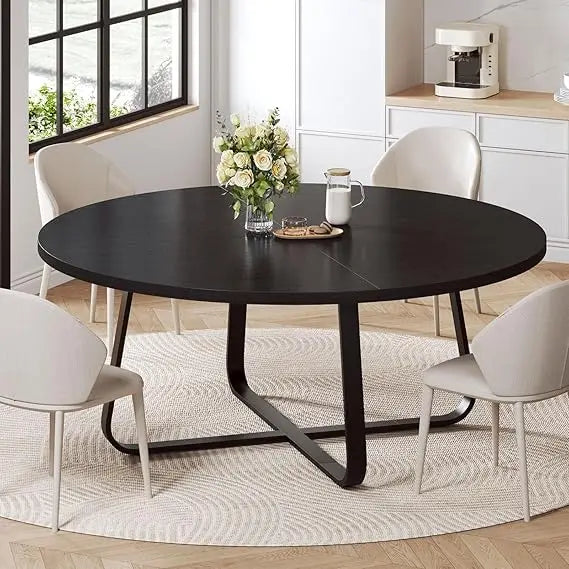 Modern Round Dining Table, Wood Metal Kitchen Tables,Industrial Large Dinner Room Tables for 6 to 8, Circle Dining Room Table f