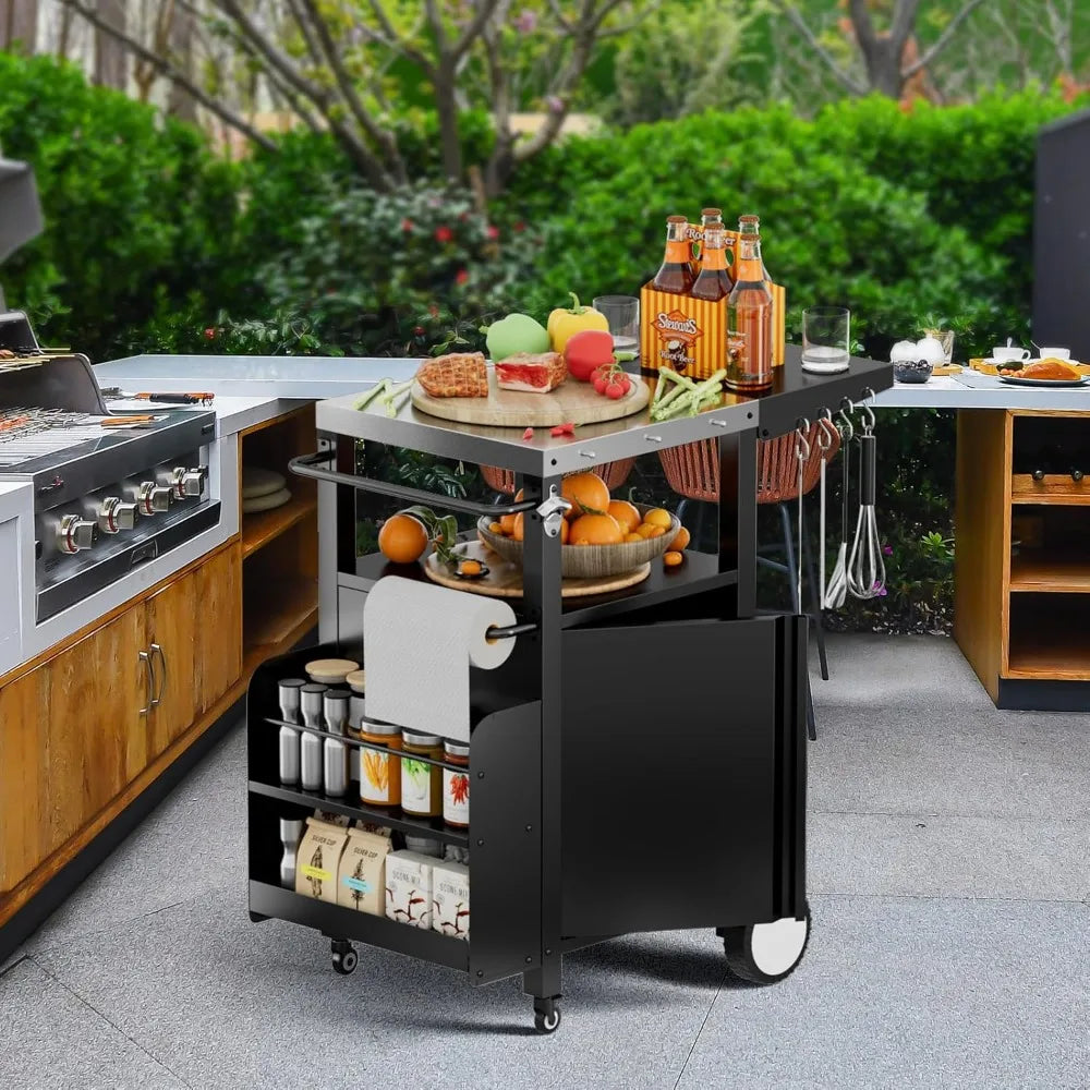 Outdoor Grill Cart with Storage,Movable Modular BBQ Cart,Waterproof Patio Kitchen Island with Hooks and Spice Rack