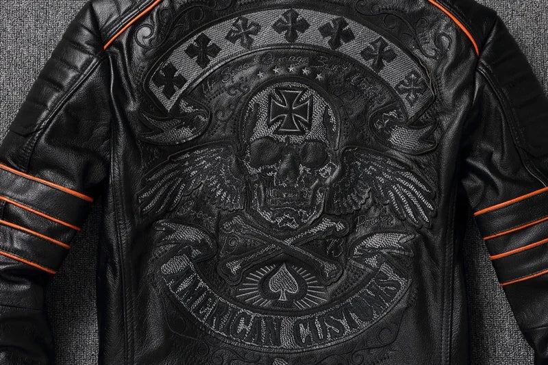 2023 New Skull Embroidery Men's First Layer Cowhide Leather Jacket Motorcycle Slim  Oversize Coat