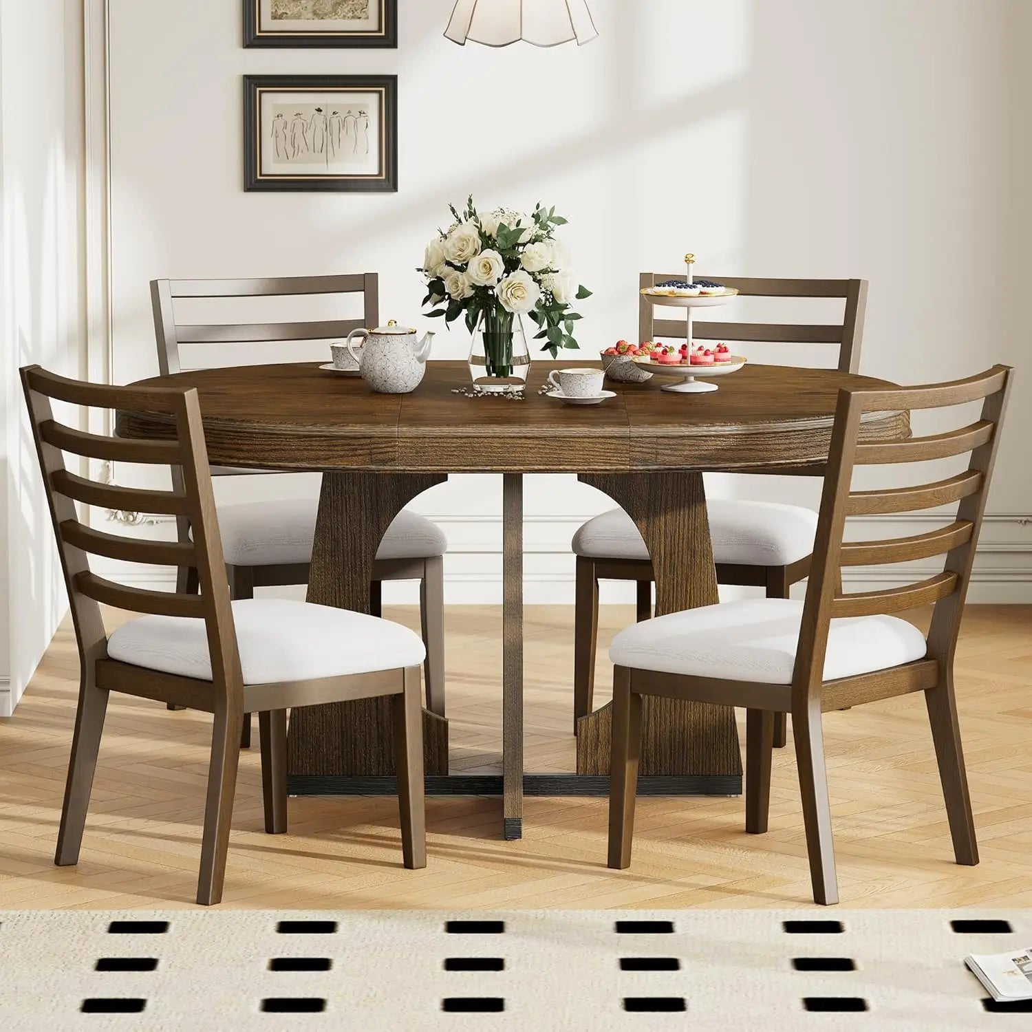 5 Piece Extendable Farmhouse Round Dining Table Set, 58" to 42" Oval Dining Room Table for 4 6 8 People and 4 Upholstered Chairs