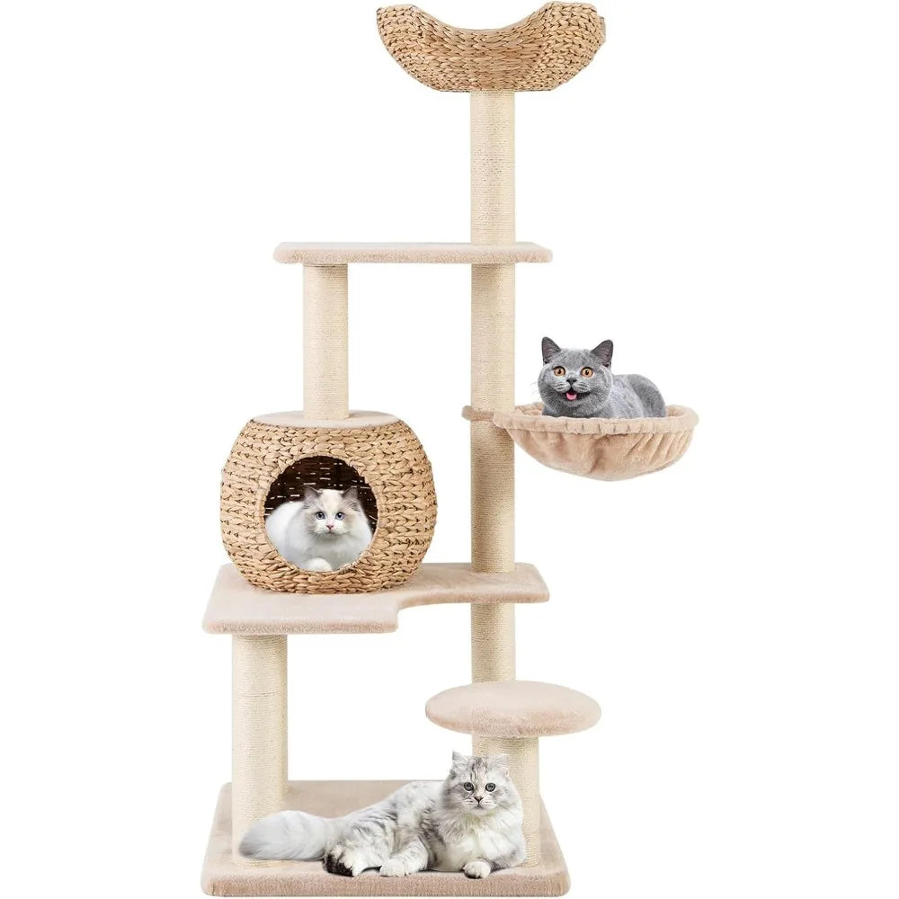 PETSITE 59 inch Cattail Tree Tower, Multi-Level Cat Tower with Natural Sisal Scratching Posts, Cat Condo