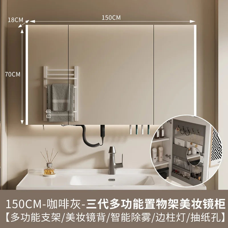 Nordic Luxury Smart Bathroom Mirror Cabinet Wall-mounted LED Light Anti-fog Bathroom Mirror Simple Bathroom Furniture FYBC