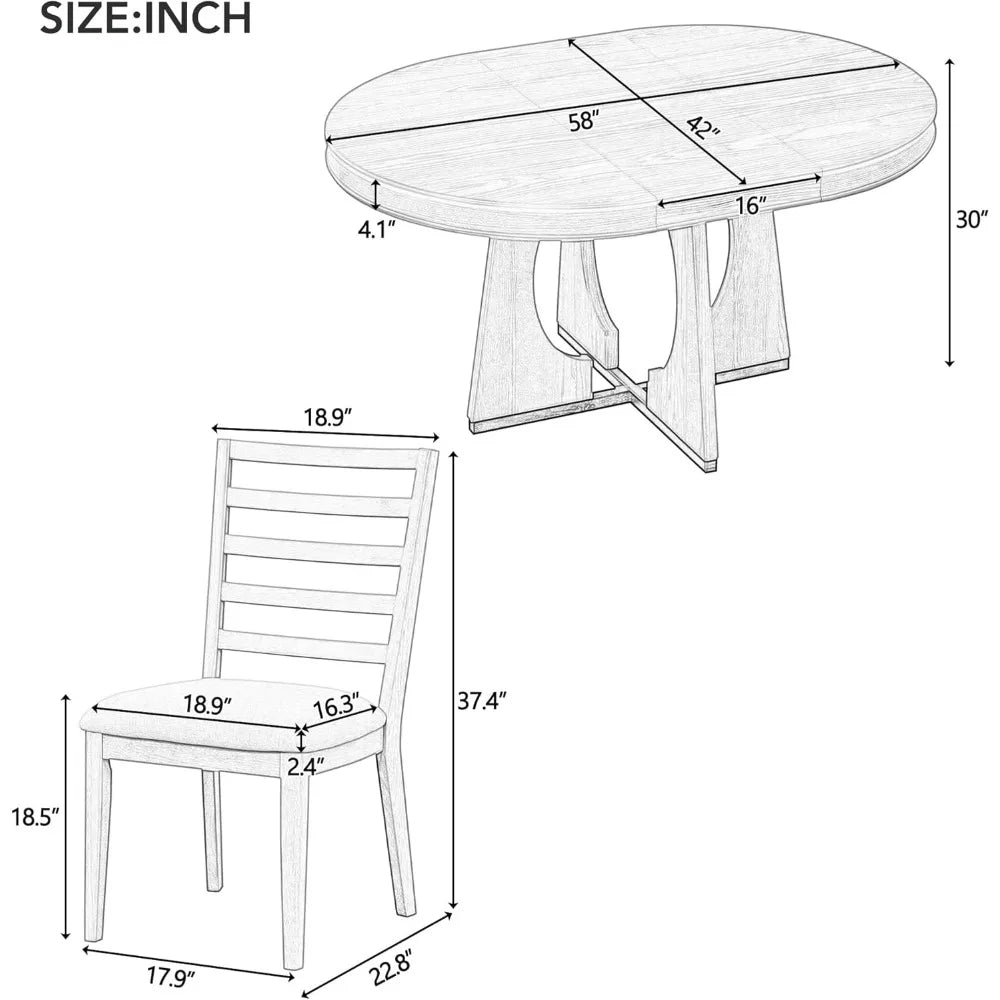 5 Piece Extendable Farmhouse Round Dining Table Set, 58" to 42" Oval Dining Room Table for 4 6 8 People and 4 Upholstered Chairs