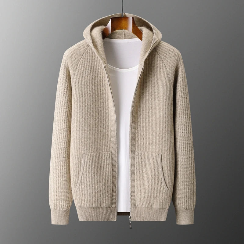 New Men's Thick Zipper Hoodie Cardigan100% Merino Wool Knitted Sweater Casual Loose Autumn/Winter Warm Hoodie Long Sleeve Jacket