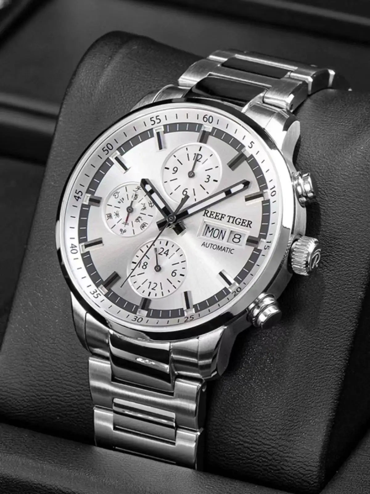 reef tiger Men's Mechanical Watch, Fully automatic multi-functional dual calendar business men's watch, waterproof men's timepie