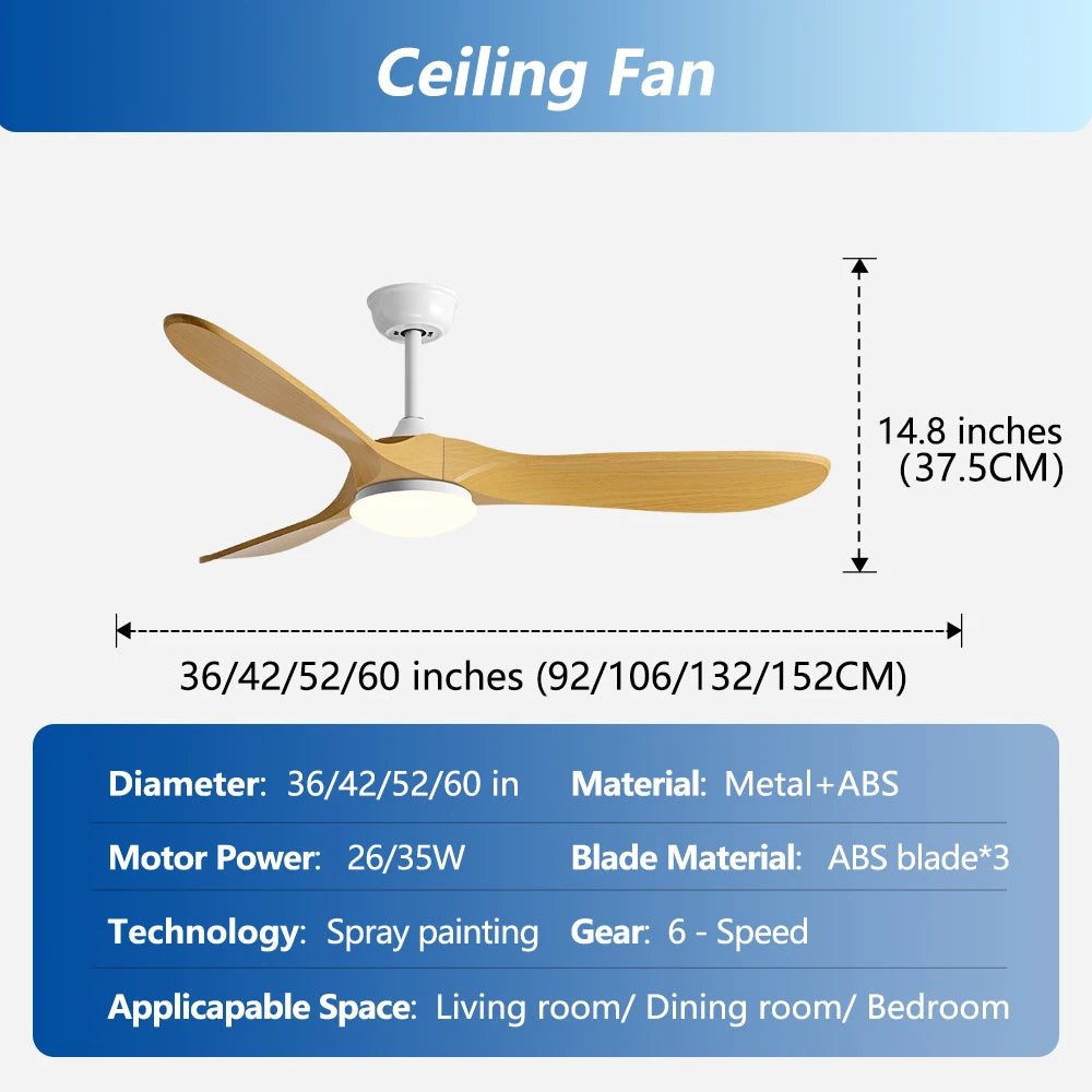 36 42 52 60 Inch Ceiling Fan Industrial Vintage ABS Ventilator with Light Remote Control Decorative Blower Retro Large Fans