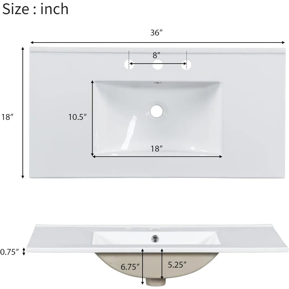 36 Inch Bathroom Vanity with Sink Top Combo, Wood Bathroom Sink Cabinet with 2 Soft Closing Doors and 3 Drawers, Modern Freestan