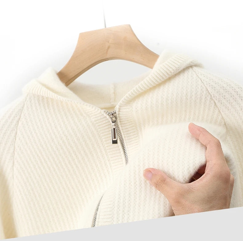 New Men's Thick Zipper Hoodie Cardigan100% Merino Wool Knitted Sweater Casual Loose Autumn/Winter Warm Hoodie Long Sleeve Jacket