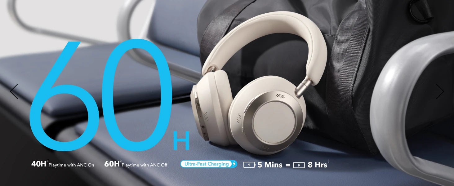 Adaptive Active Noise Cancelling Headphones Driven by 6 Mics, Super Foldable Design, 60H Lossless Audio, Ultra-Fast Charging