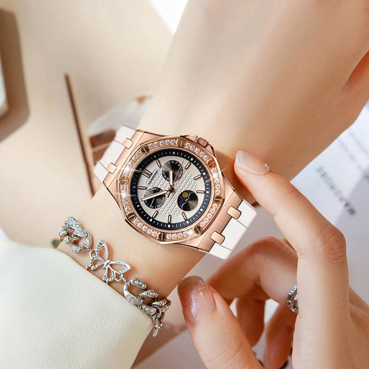 Hanbro Women Luxury Watch 37mm Ladies Vintage Quartz Wristwatch Luminous Waterproof Silicone Strap Week Date Triple Windows
