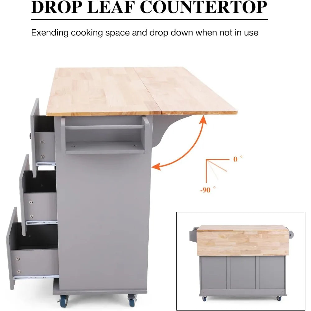 Kitchen Island Cart on Wheels - Mobile Kitchen Island with Drop Leaf, Rolling Kitchen Table with Storage