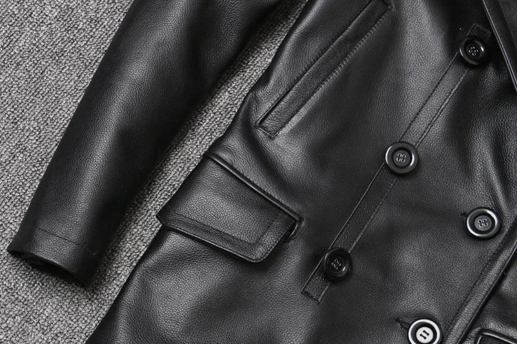 Genuine Leather Jacket Men's Top Layer Cowhide Jacket Mid-Length Men's Lapel Windbreaker Slim-Fit Jacket Double-Breasted