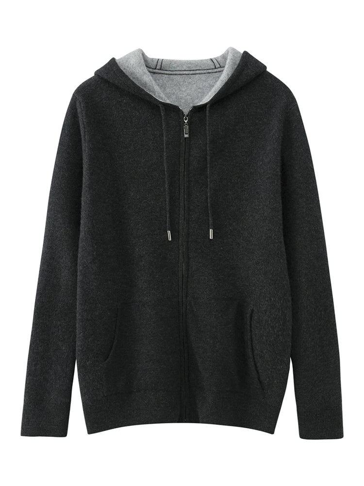 High Quality Autumn Winter Men Hooded Cashmere Sweater Long Sleeve Casual Loose 100% Merino Wool Cardigan Knitwear Clothing Tops