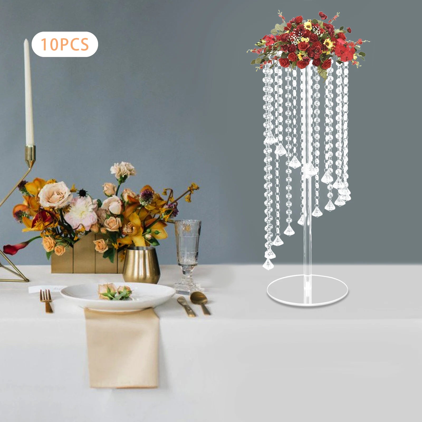 10Pcs Acrylic Crystal Flower Stand Clear Flower Vase 7.9*7.9*23.6in Hanging Beads Centerpieces Elegant Table Decor Flower Holder