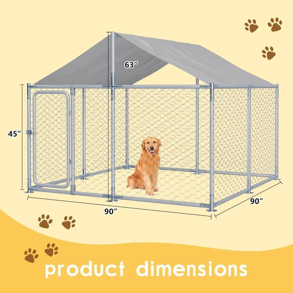 7.5 FT Large Outdoor Dog Kennel with Roof Heavy Duty Dog Kennel House, Galvanized Chain Link Dog Runs Pet Playpen with Waterproo