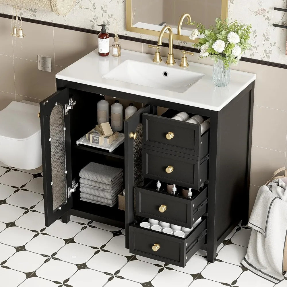 36 Inch Bathroom Vanity with Sink Top Combo, Wood Bathroom Sink Cabinet with 2 Soft Closing Doors and 3 Drawers, Modern Freestan