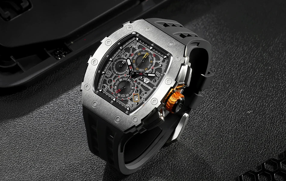 TSAR BOMBA Watch for Men Luxury Brand Tonneau Design Waterproof Clock Stainless Steel Wristwatch Fashion Rectangle Mens Watch