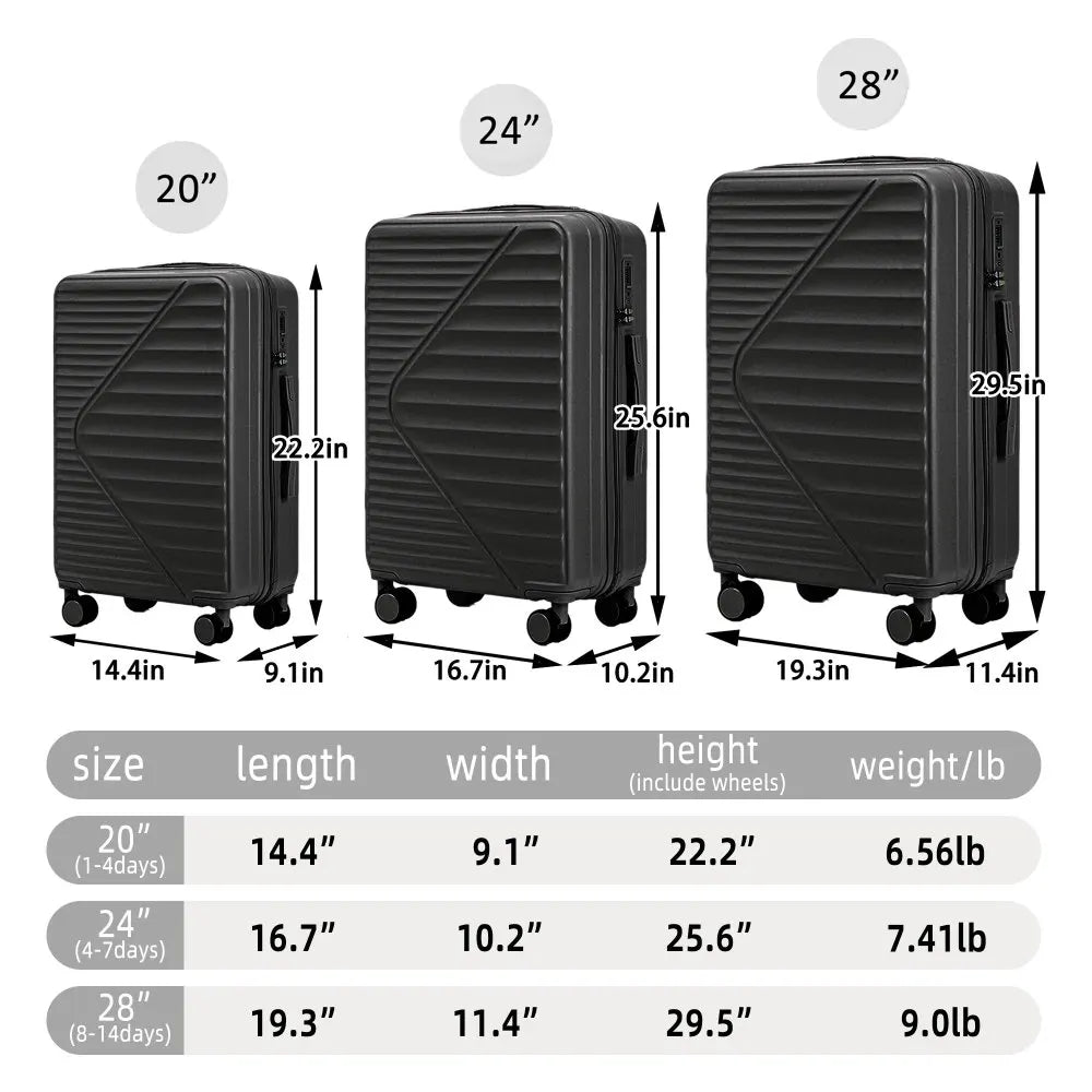HIFINE TOURIST 20"/24"/28" 3 Pcs/set in ABS Spinner Wheel Luggage Carry on Suitcase Matching Color TSA Combination Lock