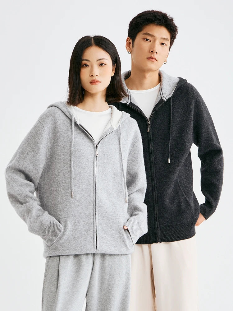 High Quality Autumn Winter Men Hooded Cashmere Sweater Long Sleeve Casual Loose 100% Merino Wool Cardigan Knitwear Clothing Tops