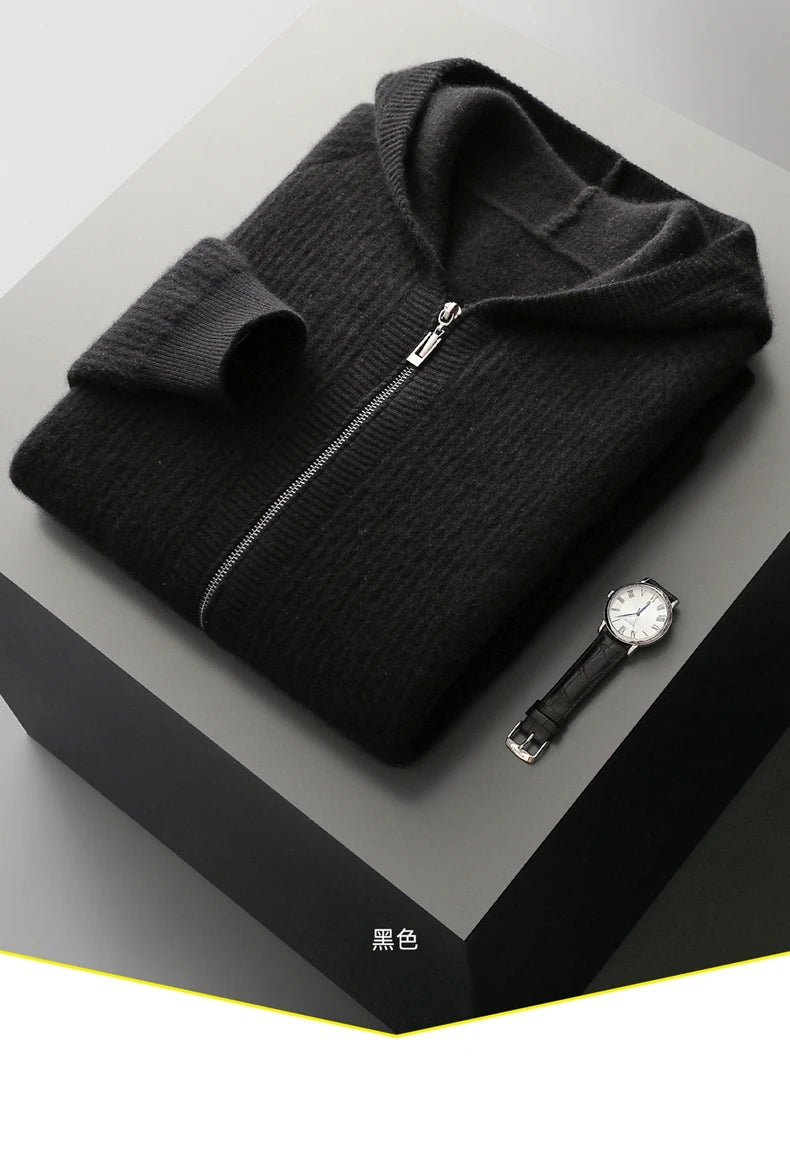 New Men's Thick Zipper Hoodie Cardigan100% Merino Wool Knitted Sweater Casual Loose Autumn/Winter Warm Hoodie Long Sleeve Jacket