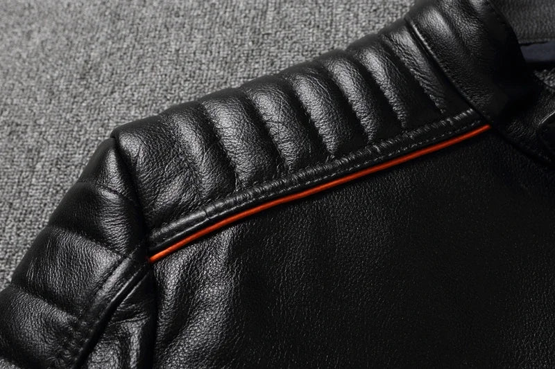 2023 New Skull Embroidery Men's First Layer Cowhide Leather Jacket Motorcycle Slim  Oversize Coat