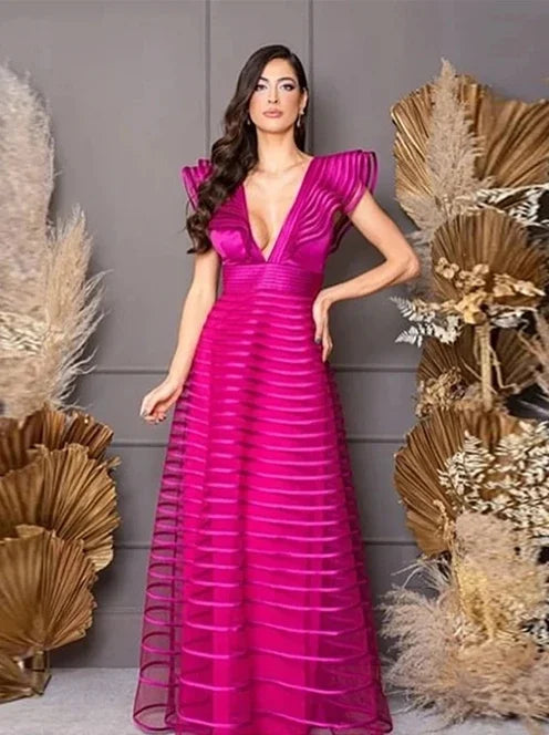 A-Line Fuchsia Formal Dresses Pleat Sleeveless Prom Gown for Woman Deep V-Neck Wedding Party Dress robe de bal Customized