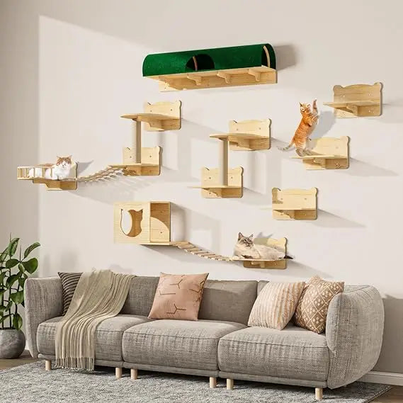 Cat Wall Shelves, Pine Wooden Cat Wall Furniture, 16 Pcs Cat Shelves for Climbing, Wall Climber with House, Shelf with Bridge La