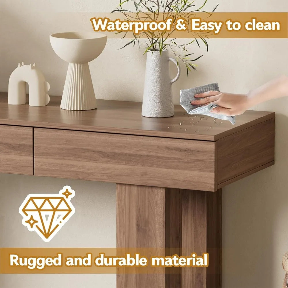 63-Inch Long Console Table with Colorful LED Lights and 3 Drawers, Wooden Rectangular Sofa Table Behind The Couch