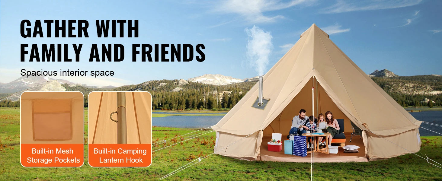 SucceBuy Canvas Bell Tent 4 Seasons 5m Yurt Tent Canvas Tent for Camping with Stove Breathable Tent Holds up to 8 People