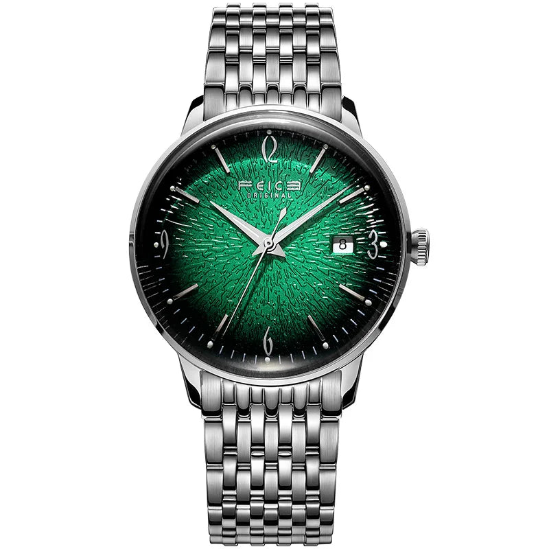 FEICE Mens Vintage Watches Luminous Automatic Silver Stainless Steel Watch Green Dial Mechanical Wristwatch Waterproof Business