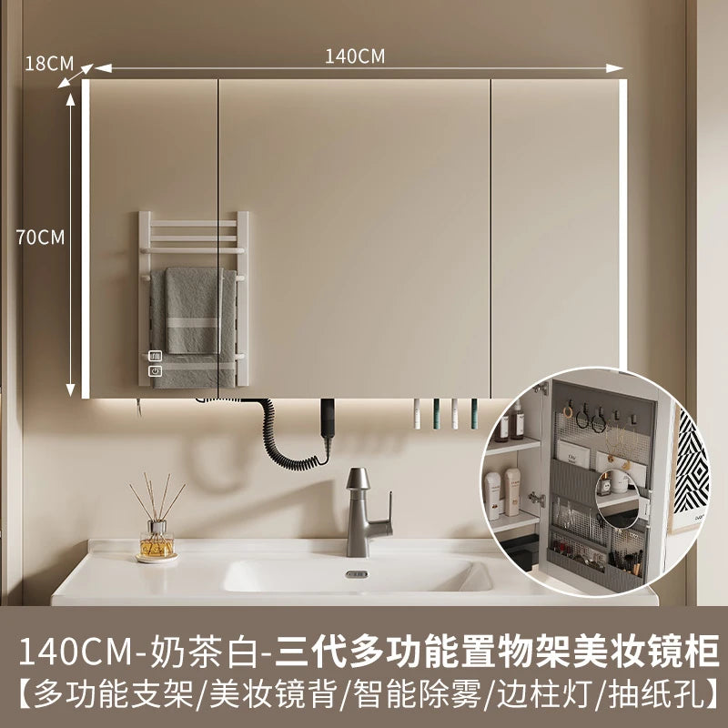 Nordic Luxury Smart Bathroom Mirror Cabinet Wall-mounted LED Light Anti-fog Bathroom Mirror Simple Bathroom Furniture FYBC