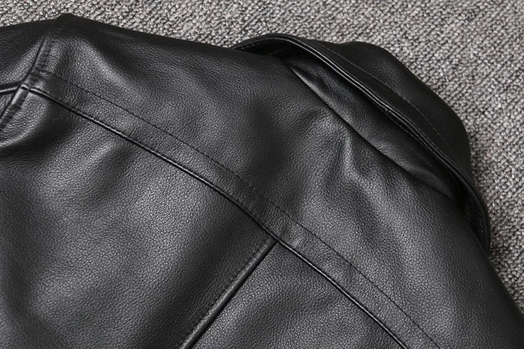 Genuine Leather Jacket Men's Top Layer Cowhide Jacket Mid-Length Men's Lapel Windbreaker Slim-Fit Jacket Double-Breasted