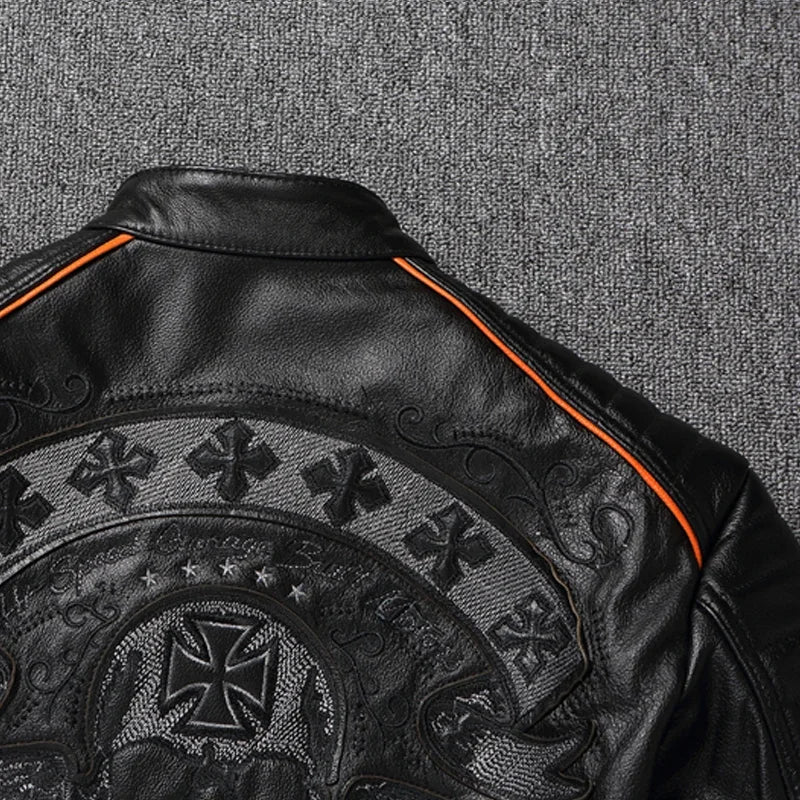 2023 New Skull Embroidery Men's First Layer Cowhide Leather Jacket Motorcycle Slim  Oversize Coat