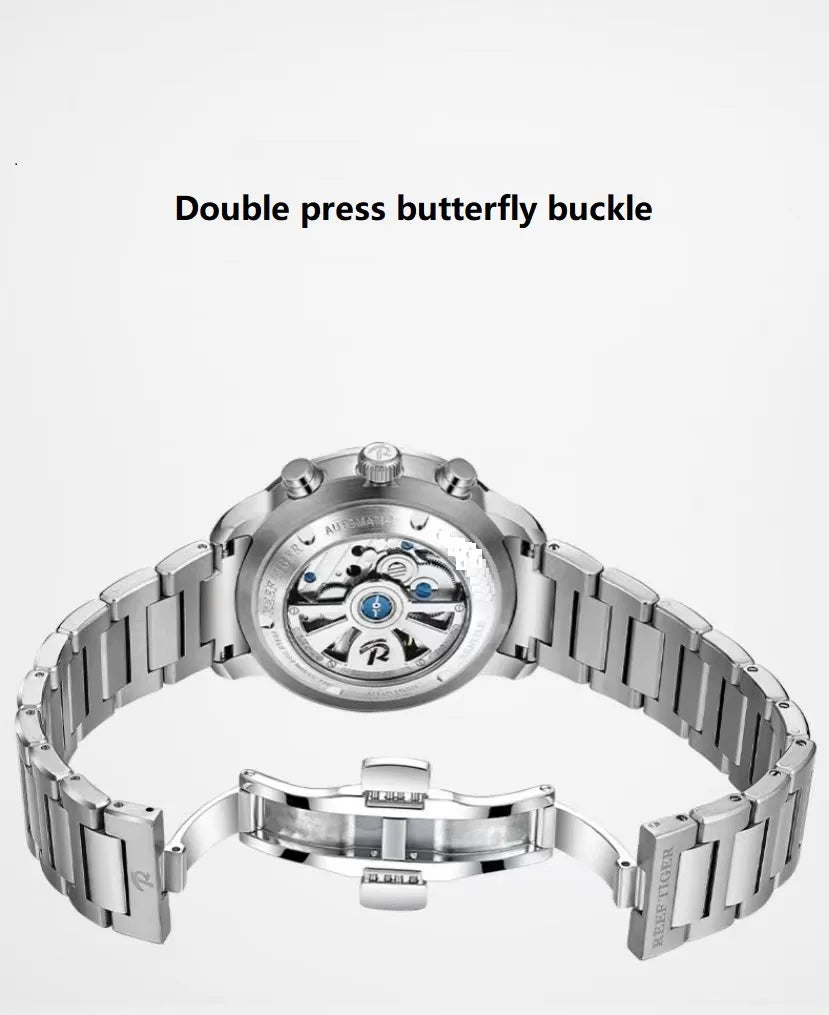 reef tiger Men's Mechanical Watch, Fully automatic multi-functional dual calendar business men's watch, waterproof men's timepie
