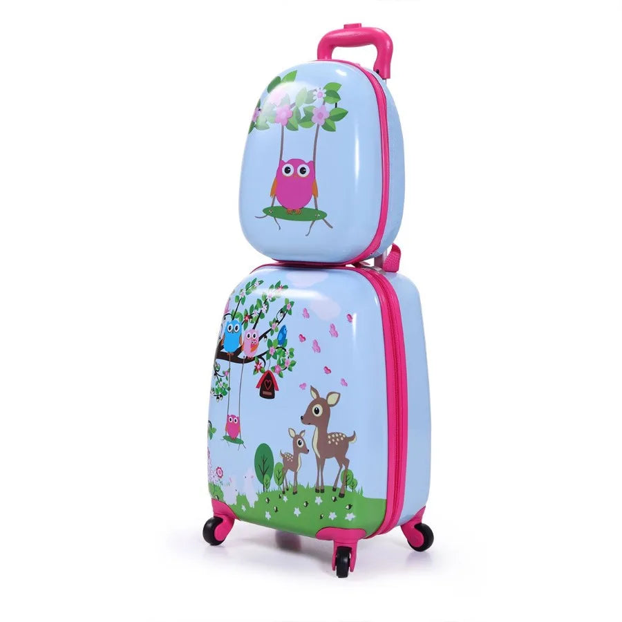 2 PCS Luggage Set 12 Backpack and 16 Spinner Case with 4 Universal Wheels Travel Suitcase for Boys Girls Light Blue with Animal