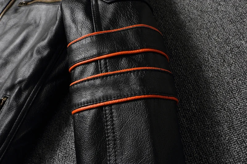 2023 New Skull Embroidery Men's First Layer Cowhide Leather Jacket Motorcycle Slim  Oversize Coat