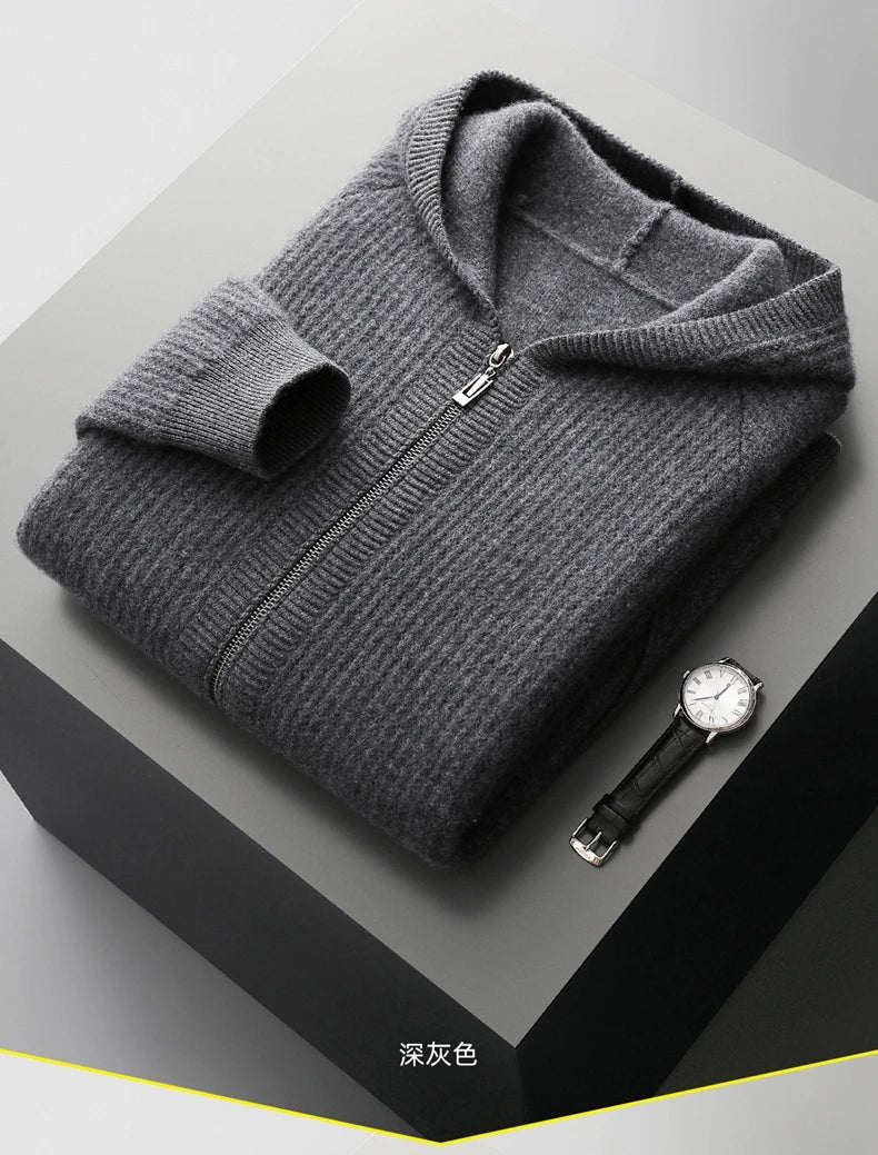New Men's Thick Zipper Hoodie Cardigan100% Merino Wool Knitted Sweater Casual Loose Autumn/Winter Warm Hoodie Long Sleeve Jacket
