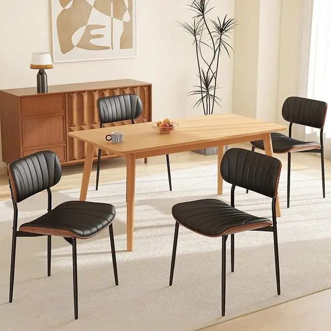 Modern PU Leather Dining Room Chairs Set of 6, Upholstered Kitchen Chairs with Walnut Bentwood Back and Metal Legs Adjustable