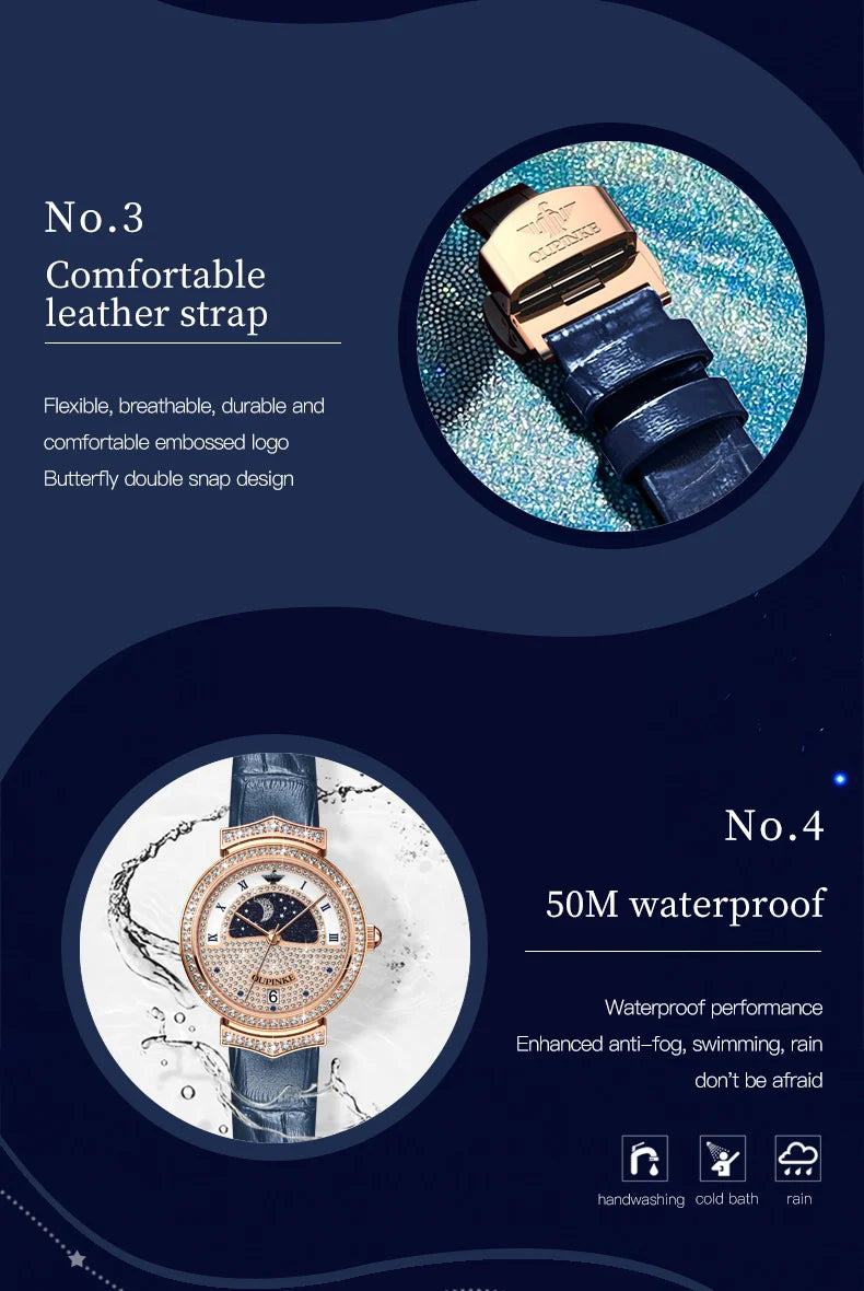 OUPINKE Original Women Watch Ladies Analog Quartz Diamond Wristwatch Stainless Steel Moon Phase 5Bar Waterproof Luxur Brand 3216