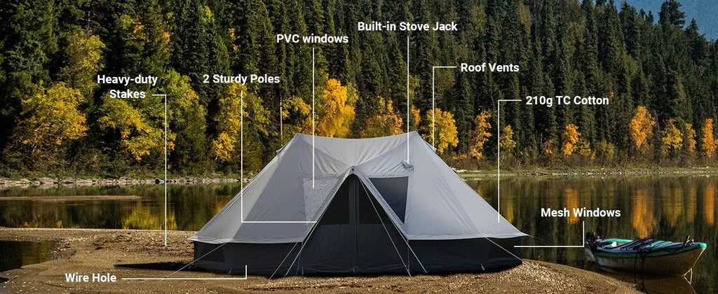 YC-Canvas Bell Yurt Tents, 4 Seasons Large Waterproof & Windproof Luxury Glamping Tent w/Stove Jack for Family Outdoor Camping,
