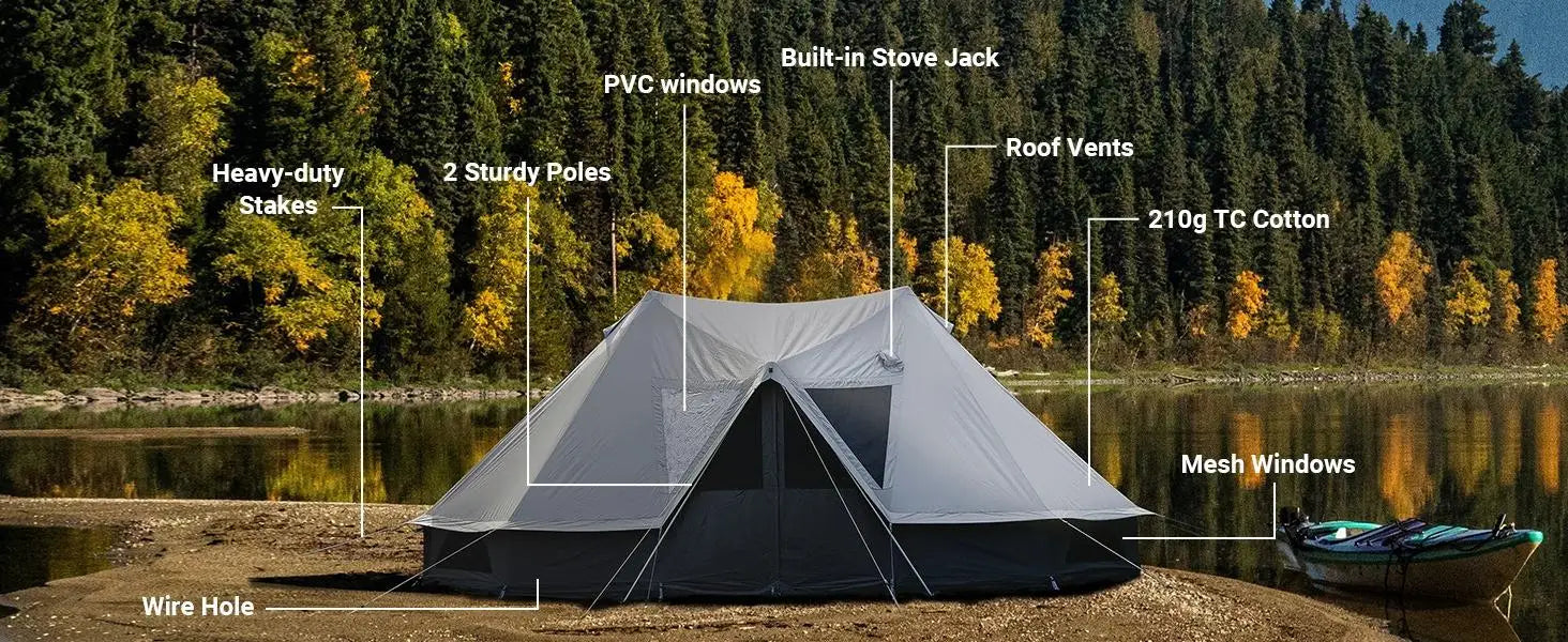 YC-Canvas Bell Yurt Tents, 4 Seasons Large Waterproof & Windproof Luxury Glamping Tent w/Stove Jack for Family Outdoor Camping,