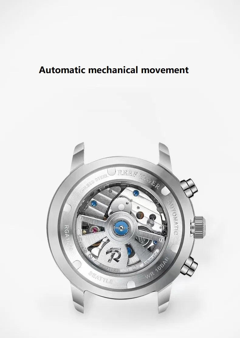 reef tiger Men's Mechanical Watch, Fully automatic multi-functional dual calendar business men's watch, waterproof men's timepie