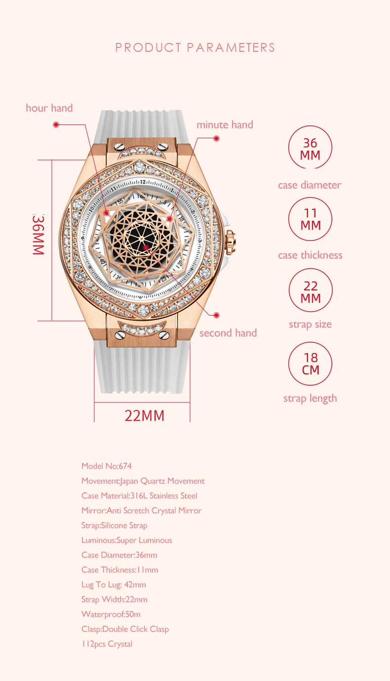 HANBORO Women Luxury Watch 36mm Ladies Quartz Wristwatch Luminous Waterproof Silicone Strap 112pcs Crystal