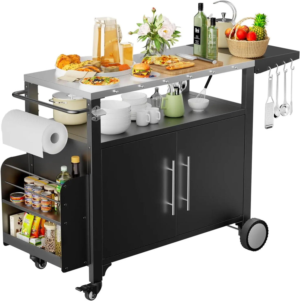 Outdoor Grill Cart with Storage,Movable Modular BBQ Cart,Waterproof Patio Kitchen Island with Hooks and Spice Rack