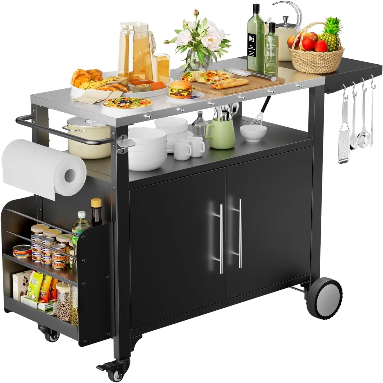 Outdoor Grill Cart with Storage,Movable Modular BBQ Cart,Waterproof Patio Kitchen Island with Hooks and Spice Rack