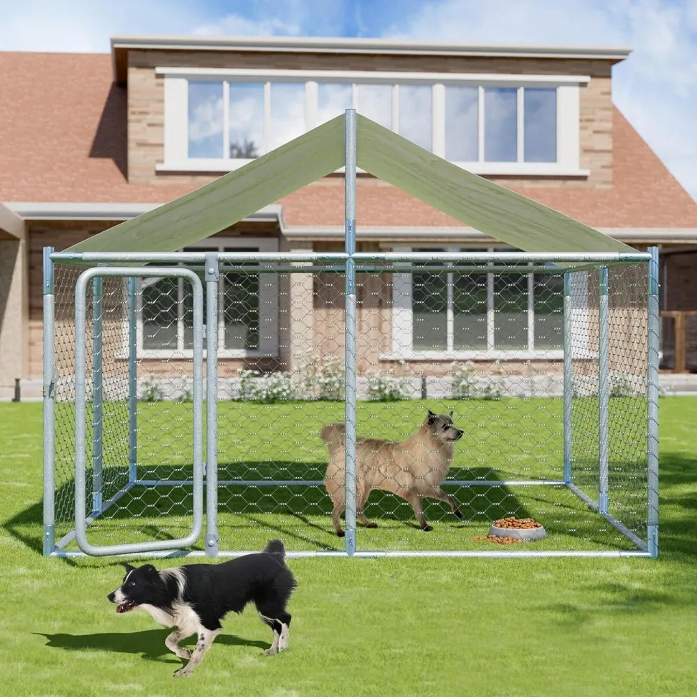 7.5 FT Large Outdoor Dog Kennel with Roof Heavy Duty Dog Kennel House, Galvanized Chain Link Dog Runs Pet Playpen with Waterproo