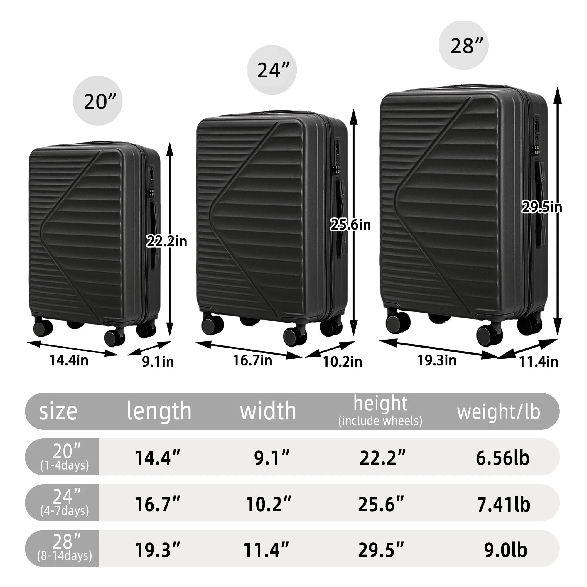 HIFINE TOURIST 20"/24"/28" 3 Pcs/set in ABS Spinner Wheel Luggage Carry on Suitcase Matching Color TSA Combination Lock